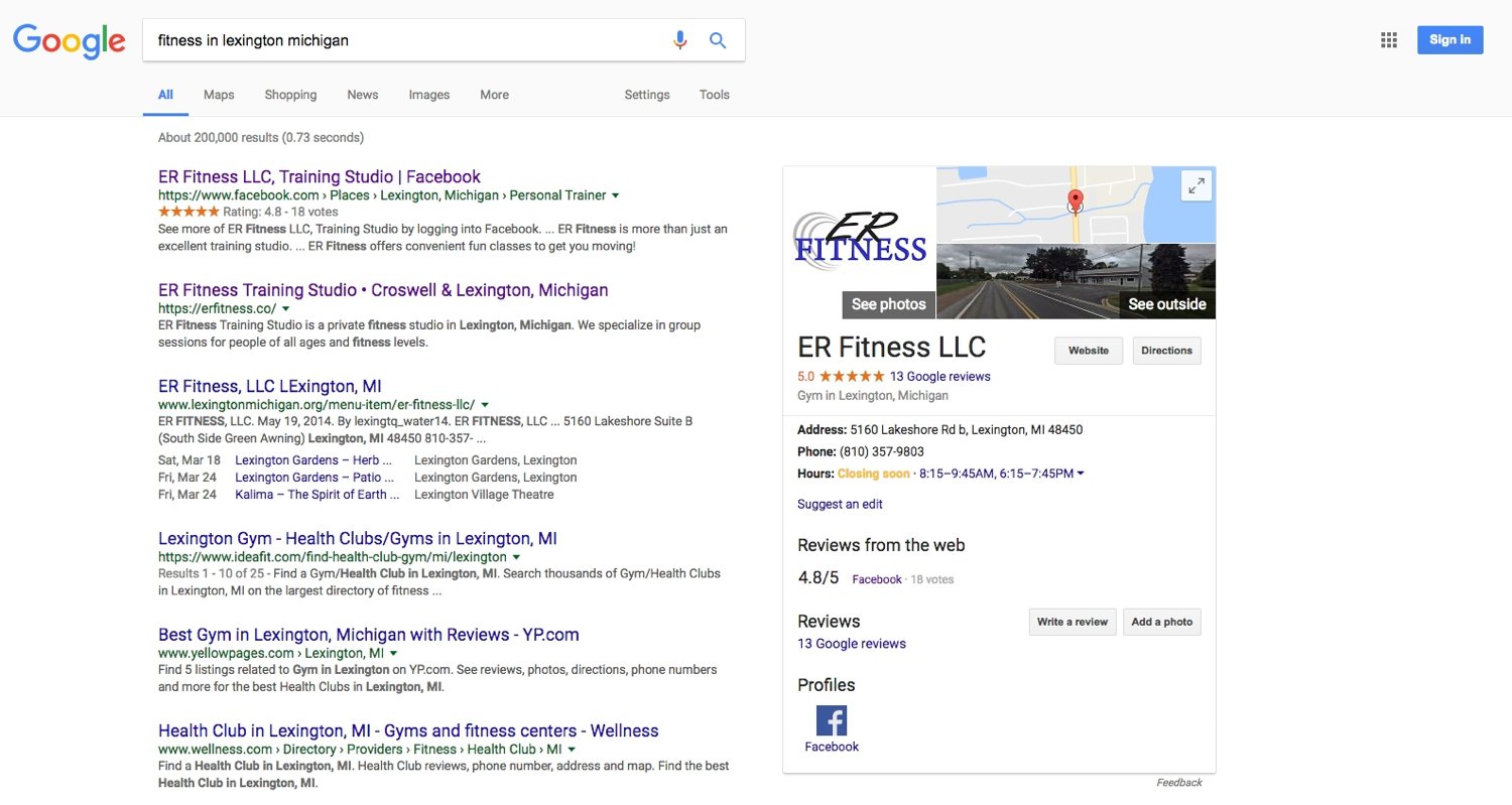 ER Fitness small business listing on Google My Business