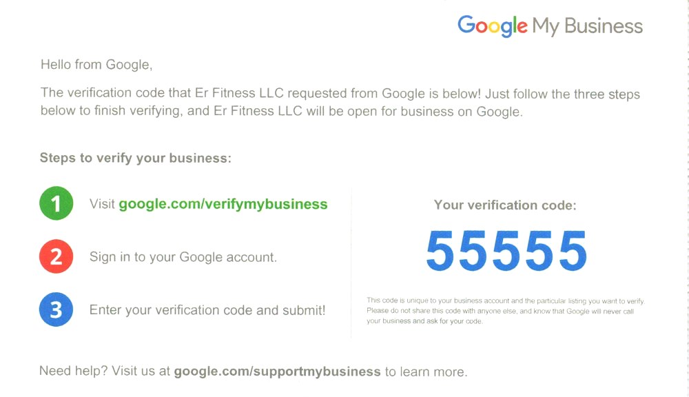 Google My Business verification postcard